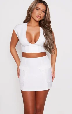 Online PrettyLittleThing Tailored Woven Plunge Cap Sleeve Top White