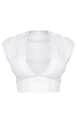 Online PrettyLittleThing Tailored Woven Plunge Cap Sleeve Top White
