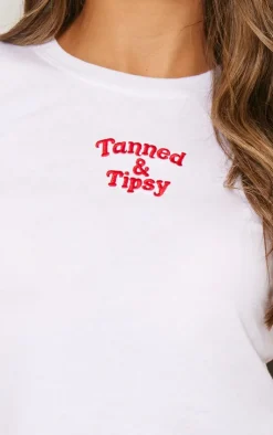PrettyLittleThing T-Shirts*Tanned And Tipsy Embroidered Fitted T Shirt