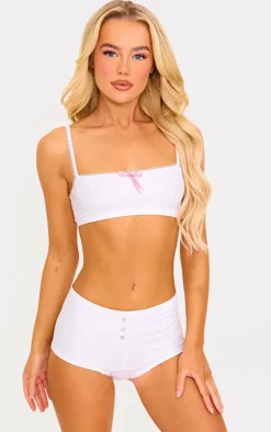 White Textured Bralette And Boxer Lingerie Set