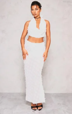 PrettyLittleThing Textured Chiffon Extreme Cowl Neck Crop Top White