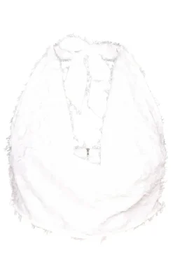 PrettyLittleThing Textured Chiffon Extreme Cowl Neck Crop Top White