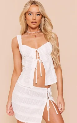 Clearance PrettyLittleThing Textured Chiffon Frill Tie Front Long Top White