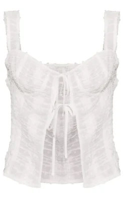 Clearance PrettyLittleThing Textured Chiffon Frill Tie Front Long Top White