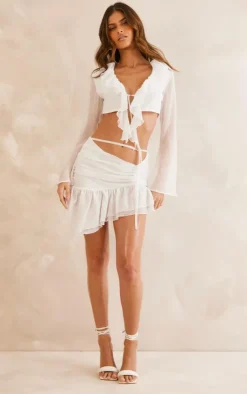 PrettyLittleThing Textured Chiffon Ruffle Tie Front Blouse White