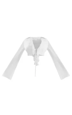 PrettyLittleThing Textured Chiffon Ruffle Tie Front Blouse White
