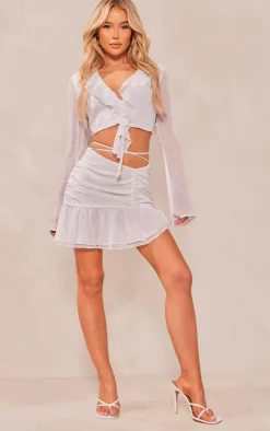 New PrettyLittleThing Textured Chiffon Ruched Ruffle Mini Skirt White