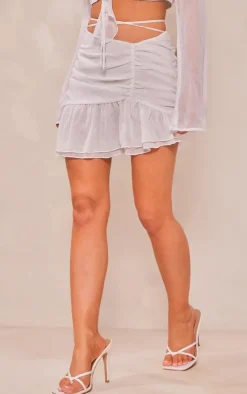 New PrettyLittleThing Textured Chiffon Ruched Ruffle Mini Skirt White