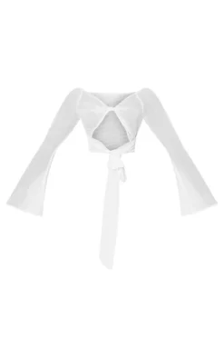 PrettyLittleThing Shirts*Textured Chiffon Striped Twist Front Waist Tie Flare Sleeve Shirt
