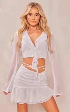 Discount PrettyLittleThing Textured Chiffon Tie Front Floaty Ruffle Blouse White