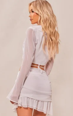 Discount PrettyLittleThing Textured Chiffon Tie Front Floaty Ruffle Blouse White
