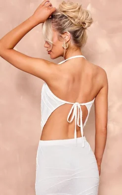 Hot PrettyLittleThing Textured Cowl Neck Top White