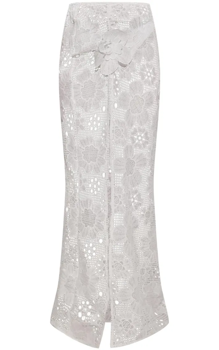 White Textured Flower Maxi Beach Skirt