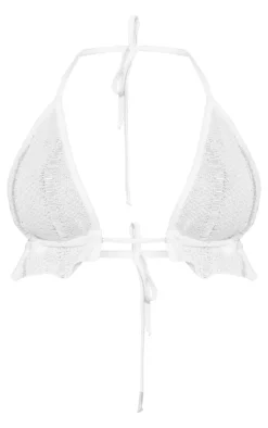 Discount PrettyLittleThing Textured Halterneck Ruffled Crop Top White