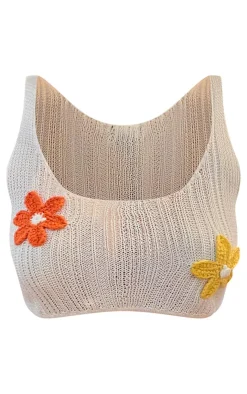 Sale PrettyLittleThing Textured Knit Floral Applique Cami Top White