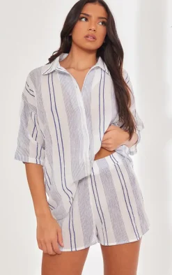 Outlet PrettyLittleThing Textured Linen Look Striped Floaty Shorts White