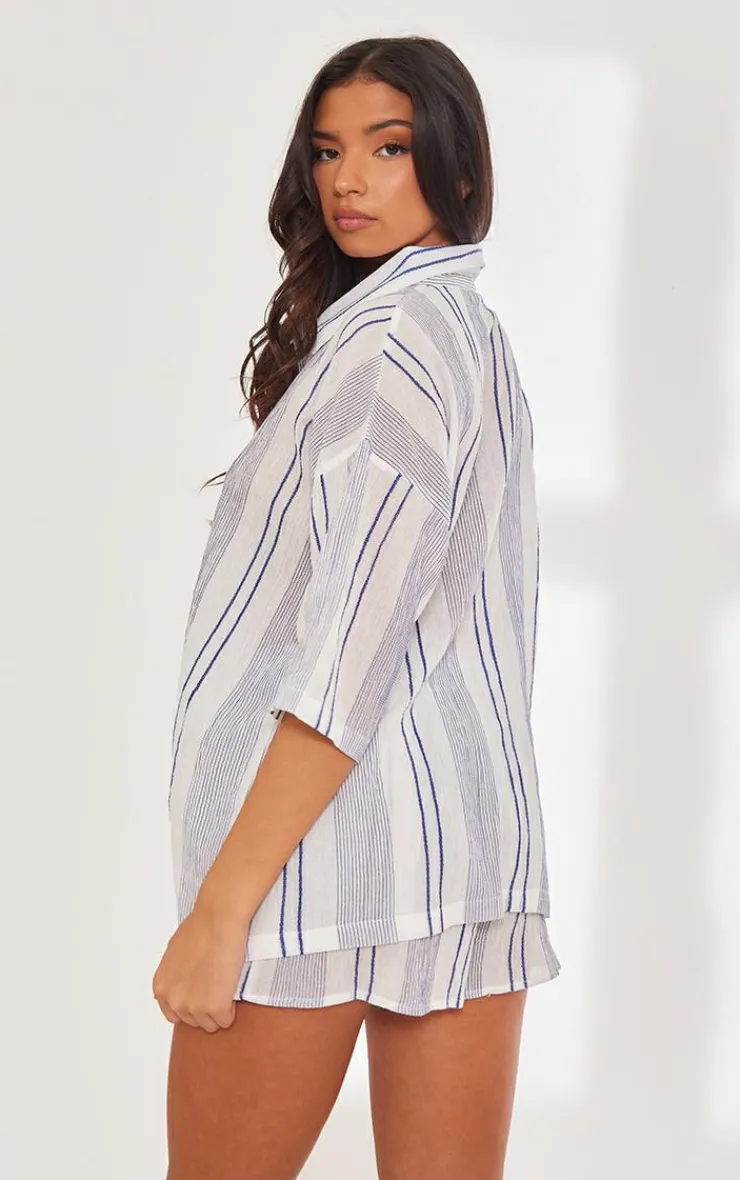PrettyLittleThing Shirts*Textured Linen Look Striped Oversized Short Sleeve Shirt