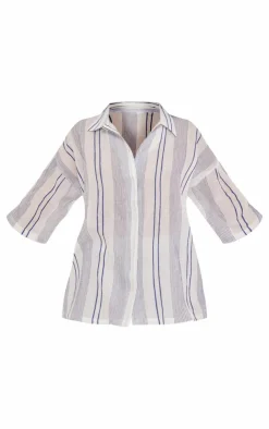 PrettyLittleThing Shirts*Textured Linen Look Striped Oversized Short Sleeve Shirt