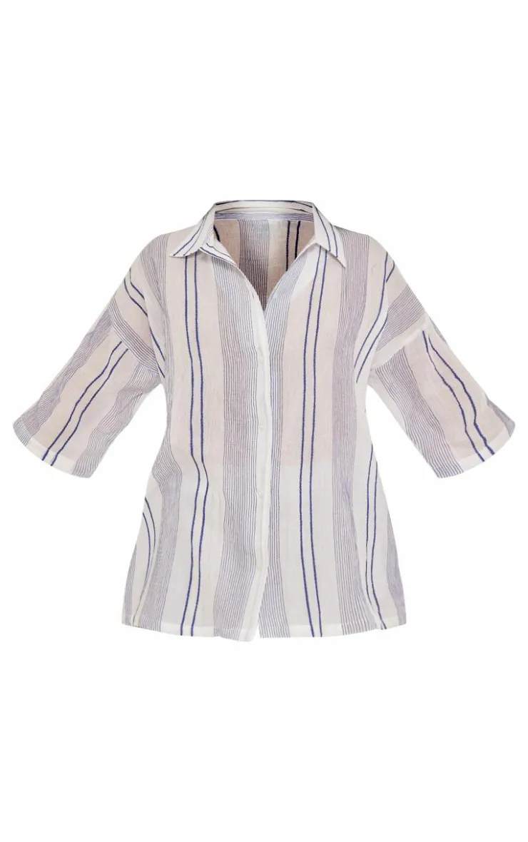 PrettyLittleThing Shirts*Textured Linen Look Striped Oversized Short Sleeve Shirt