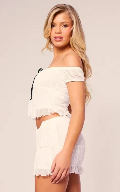 Clearance PrettyLittleThing Textured Mesh Off The Shoulder Bow Detail Crop Top White