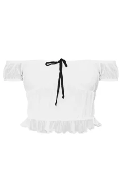 Clearance PrettyLittleThing Textured Mesh Off The Shoulder Bow Detail Crop Top White
