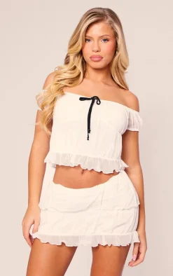 Outlet PrettyLittleThing Textured Mesh Ruched Mini Skirt White