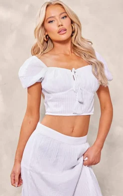 Discount PrettyLittleThing Textured Puff Sleeve Tie Front Crop Top White