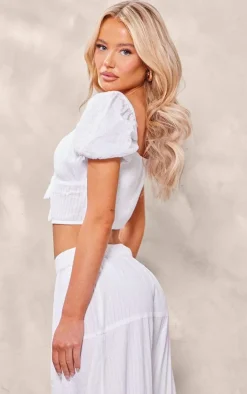 Discount PrettyLittleThing Textured Puff Sleeve Tie Front Crop Top White