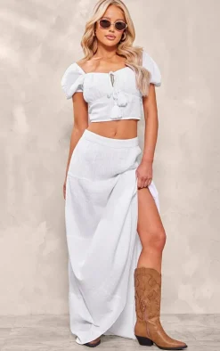 Discount PrettyLittleThing Textured Puff Sleeve Tie Front Crop Top White
