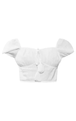 Discount PrettyLittleThing Textured Puff Sleeve Tie Front Crop Top White