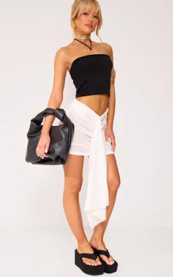 White Textured Rib Drape Front Ruched Mini Skirt