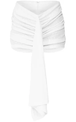 White Textured Rib Drape Front Ruched Mini Skirt