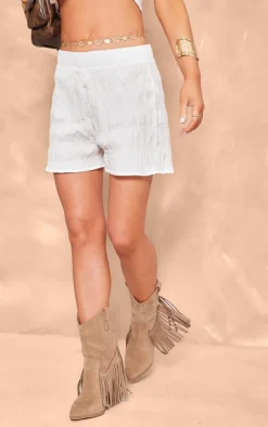 Hot PrettyLittleThing Textured Ruched Cotton Floaty Hot Pants White