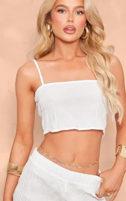 PrettyLittleThing Textured Ruched Cotton Strappy Crop Top White