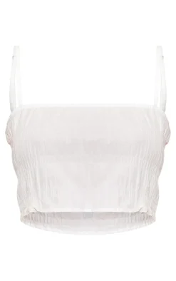 PrettyLittleThing Textured Ruched Cotton Strappy Crop Top White