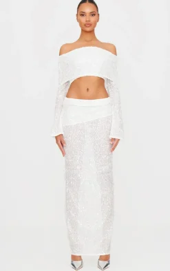 New PrettyLittleThing Textured Sequin Foldover Maxi Skirt White