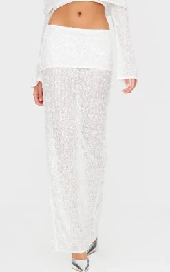 New PrettyLittleThing Textured Sequin Foldover Maxi Skirt White