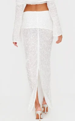 New PrettyLittleThing Textured Sequin Foldover Maxi Skirt White
