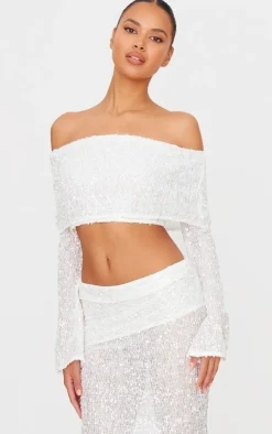 New PrettyLittleThing Textured Sequin Foldover Maxi Skirt White
