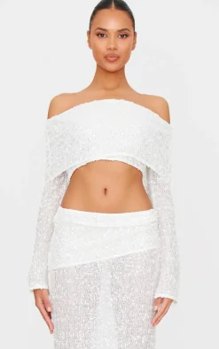 Outlet PrettyLittleThing Textured Sequin Foldover Bardot Top White