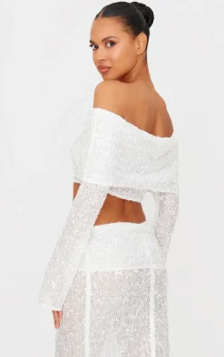Outlet PrettyLittleThing Textured Sequin Foldover Bardot Top White