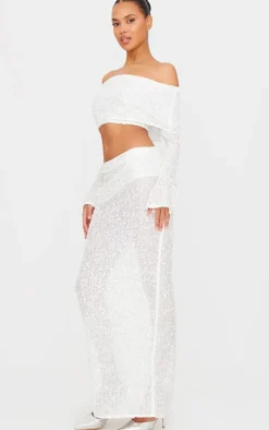 Outlet PrettyLittleThing Textured Sequin Foldover Bardot Top White