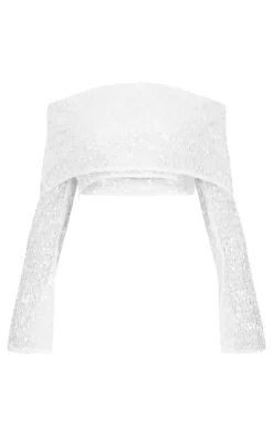 Outlet PrettyLittleThing Textured Sequin Foldover Bardot Top White