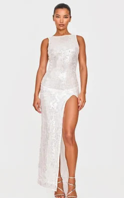White Textured Sequin Racer Neck Maxi Dress-PrettyLittleThing Online