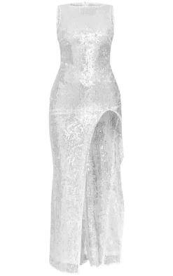 White Textured Sequin Racer Neck Maxi Dress-PrettyLittleThing Online