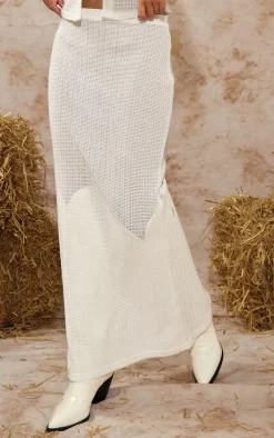 Online PrettyLittleThing Textured Sheer Rib Low Rise Midi Skirt White