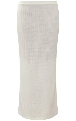 Online PrettyLittleThing Textured Sheer Rib Low Rise Midi Skirt White