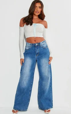 White Textured Stretch Ribbon Trim Long Sleeve Bardot Crop Top