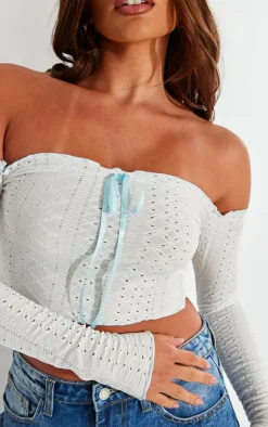 White Textured Stretch Ribbon Trim Long Sleeve Bardot Crop Top