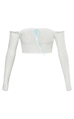 White Textured Stretch Ribbon Trim Long Sleeve Bardot Crop Top